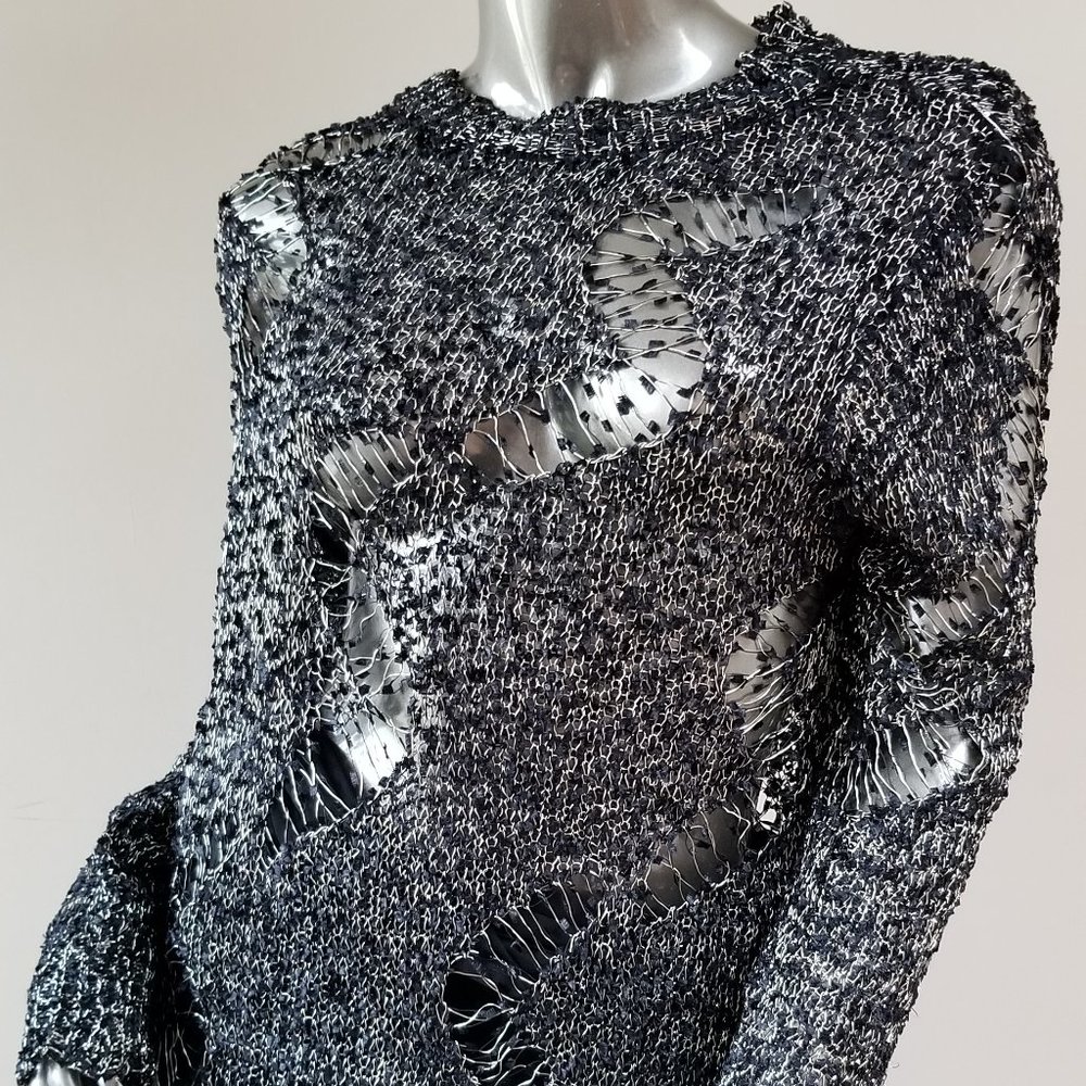 Black and Silver Ripped Design Long Sweater - with Free Gift